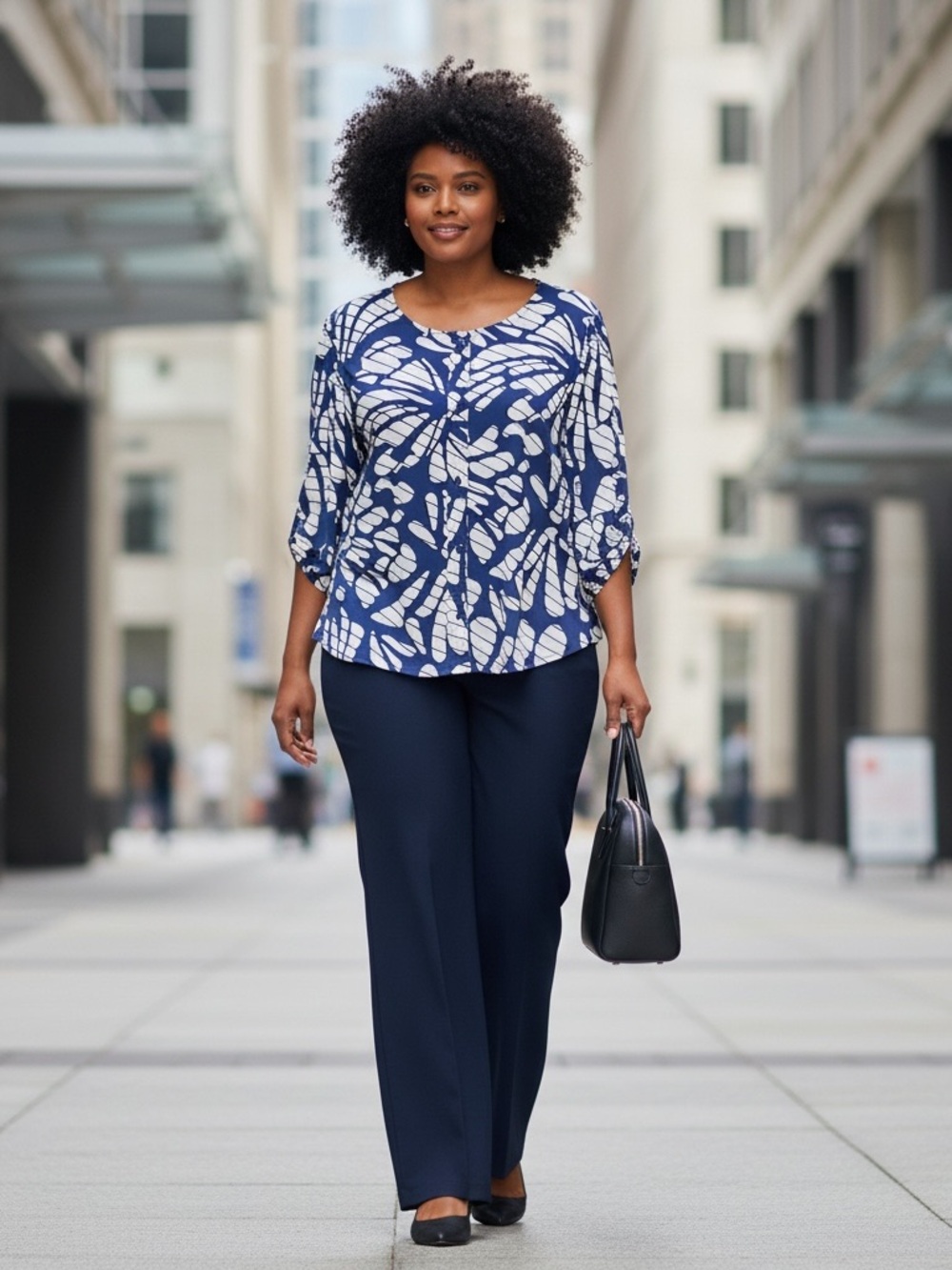 Ava & Grace Navy Blue and White Leaf Print Blouse